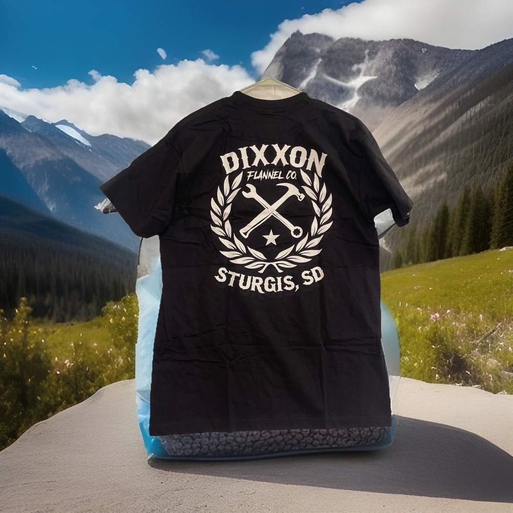 Dixxon Mens Tee Shirt Sturgis SD Sketchy White Crest Sz L Short Sleeve Black New